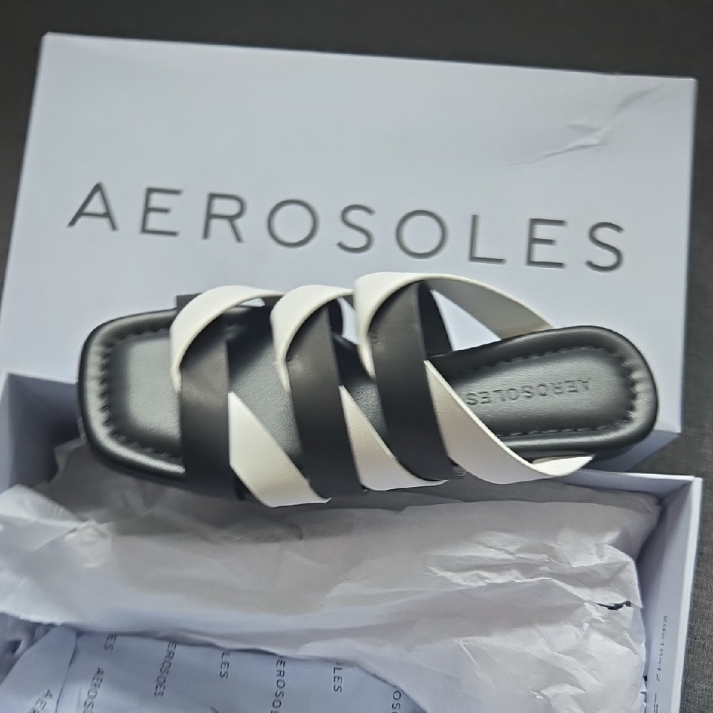 AEROSOLES Black White Strappy Slide Sandals